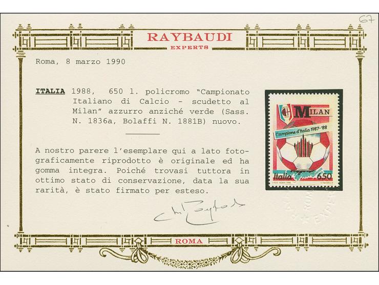 1988, 650 L. multiple colour “scudetto al Milan” with blue coleur instead green, mint never hinged, very fine, certificate Ra